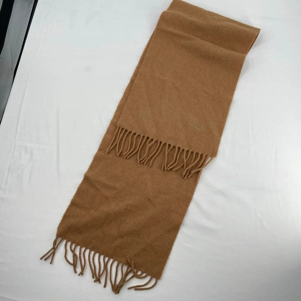 Vintage 90s Fendi Brown Wool Tassel Scarf Archival Embroidered Fall Quiet Luxury